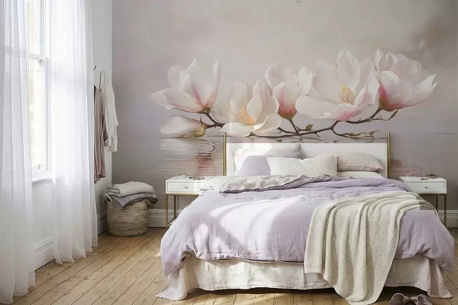 murales de pared Rama de magnolia con flores sobre el reflejo de aguas tranquilas w05353v1
