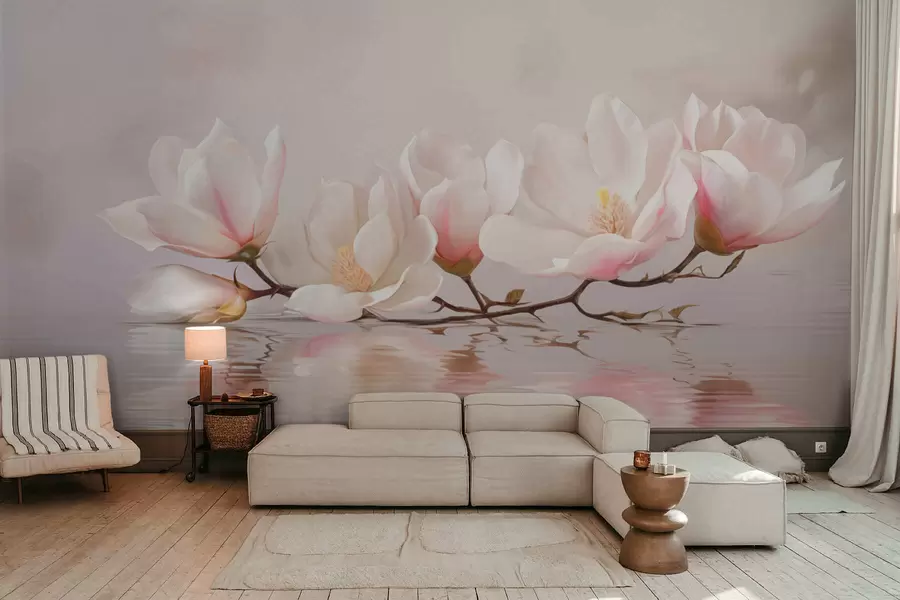 murales de pared Rama de magnolia con flores sobre el reflejo de aguas tranquilas w05353v1