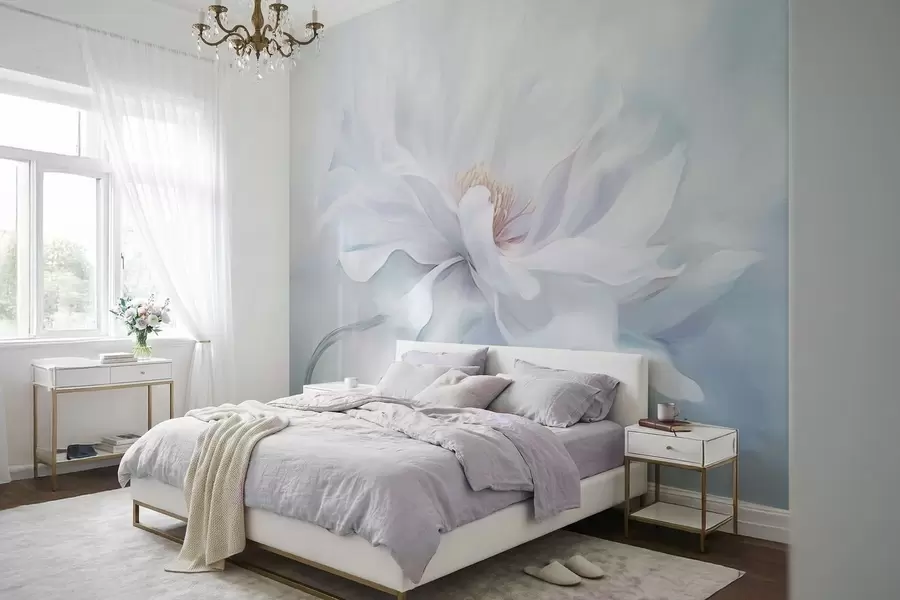 murales de pared Flor blanca suave con pétalos fluidos sobre fondo azul. w05354