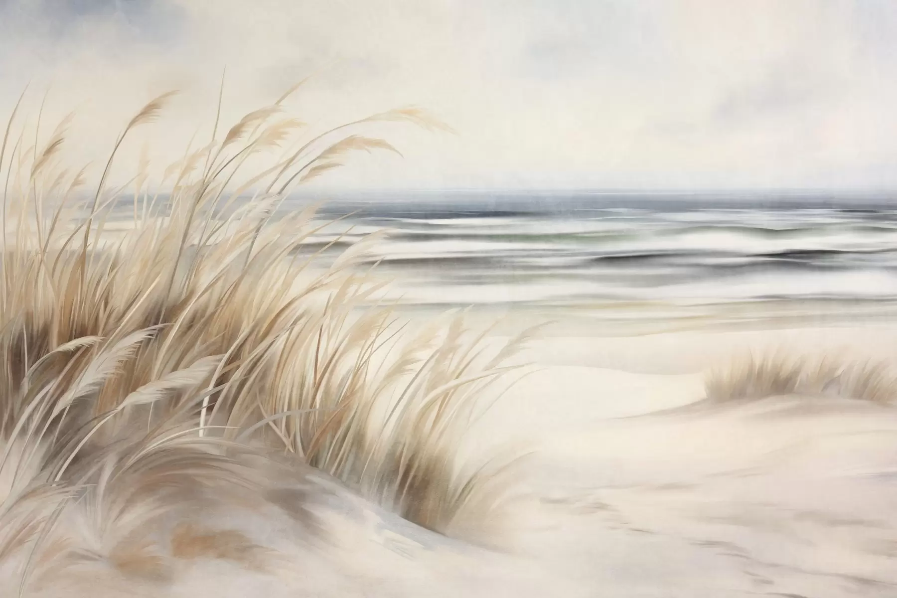 murales de pared Paisaje con textura, con hierba seca en una playa de arena, con el océano y el cielo al fondo. w09739