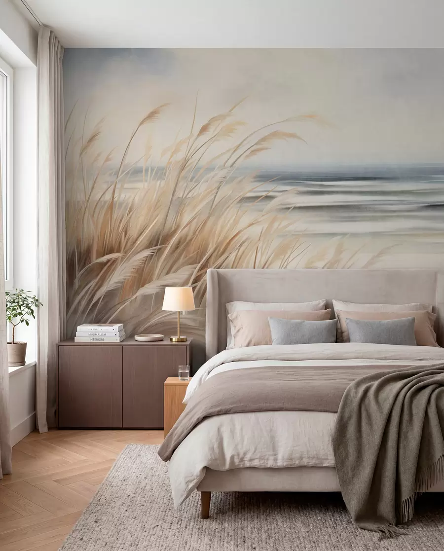 murales de pared Paisaje con textura, con hierba seca en una playa de arena, con el océano y el cielo al fondo. w09739