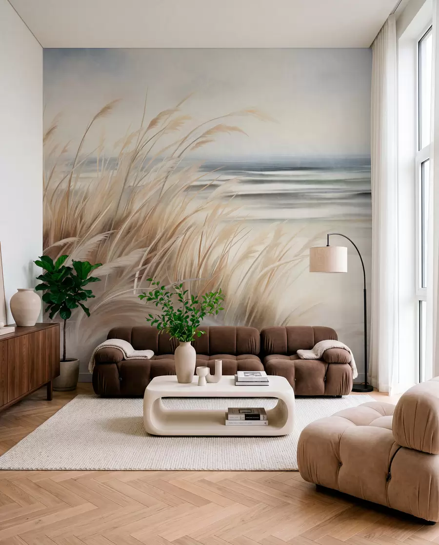 murales de pared Paisaje con textura, con hierba seca en una playa de arena, con el océano y el cielo al fondo. w09739