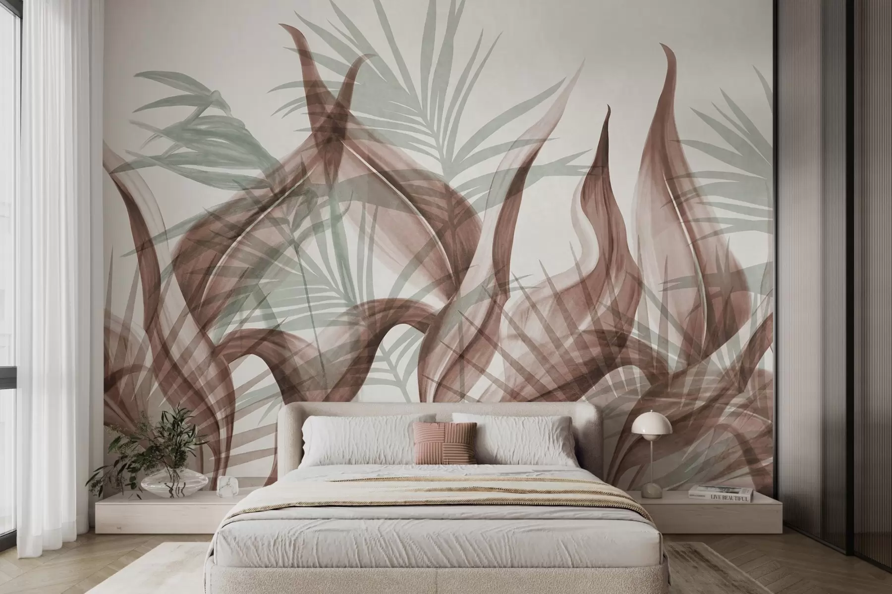murales de pared Hojas tropicales en tonos marrones y verdes sobre fondo blanco, estilo acuarela con textura. w09772