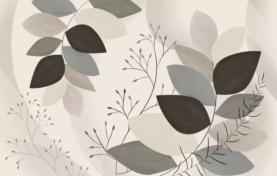 murales de pared hojas y hierbas en tonos beige, gris y marrón w05237