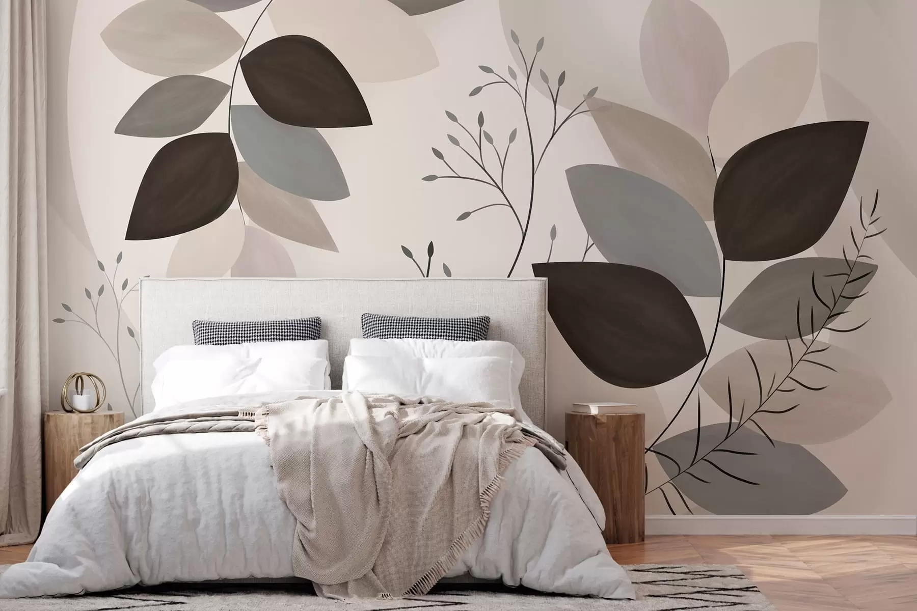 murales de pared hojas y hierbas en tonos beige, gris y marrón w05237