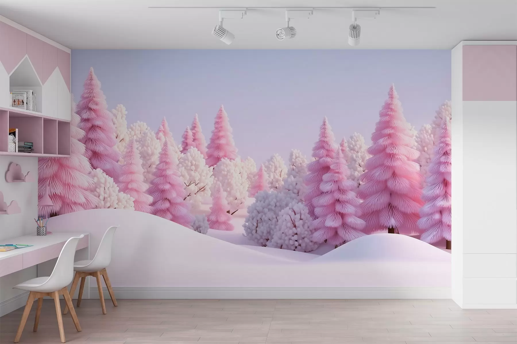 murales de pared Bosque invernal nevado en tonos rosados w09654