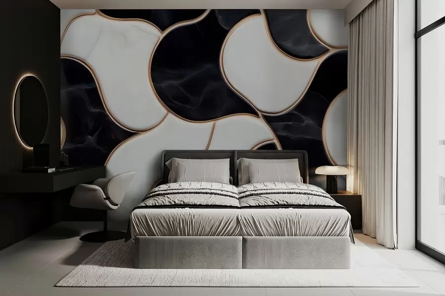 murales de pared Imitación abstracta de una composición de mármol en tonos blancos y negros con líneas amarillas w09733