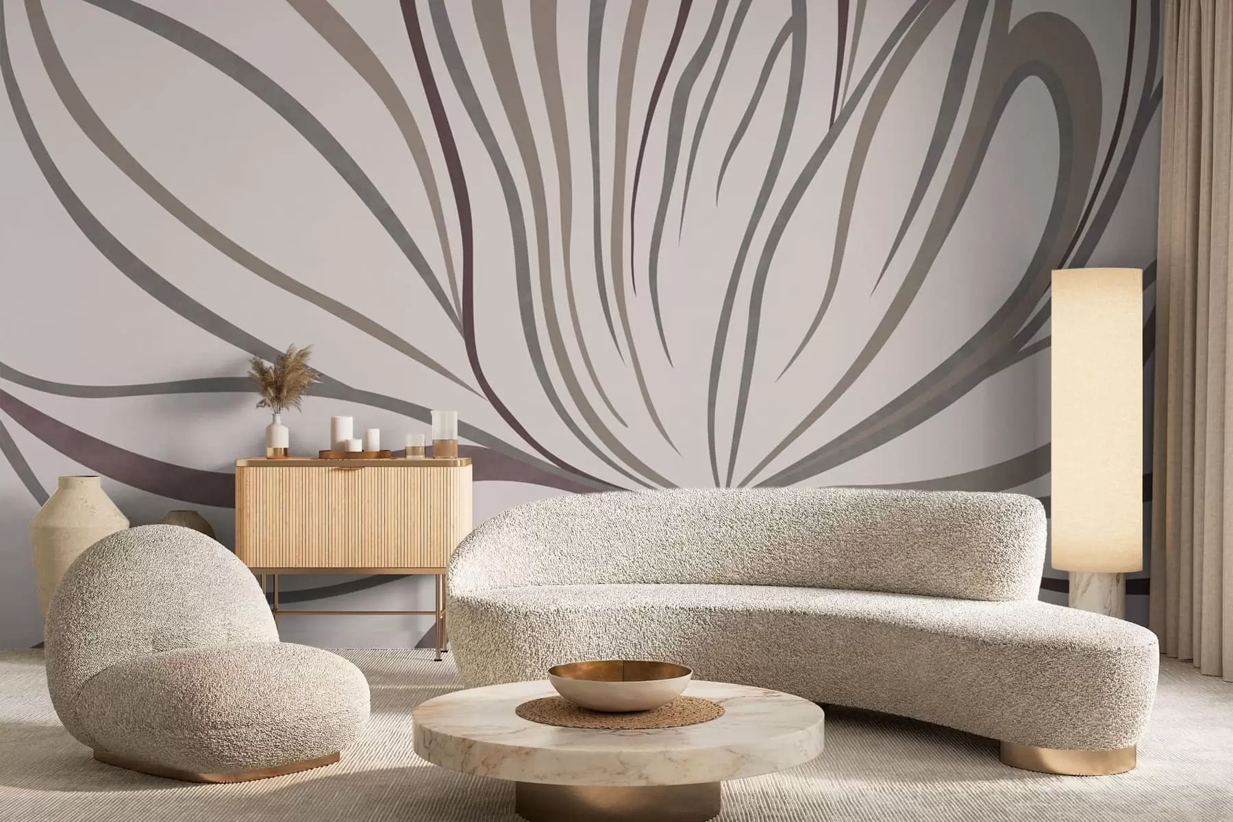 murales de pared Flor abstracta con líneas en tonos grises y rosas w05392