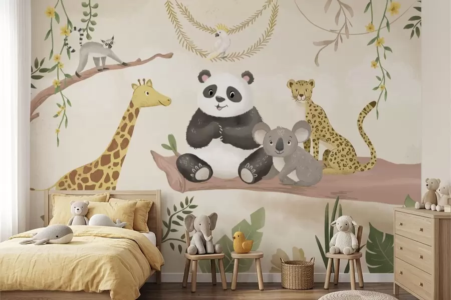 murales de pared Simpáticos animales de la selva en una rama entre las plantas w05393