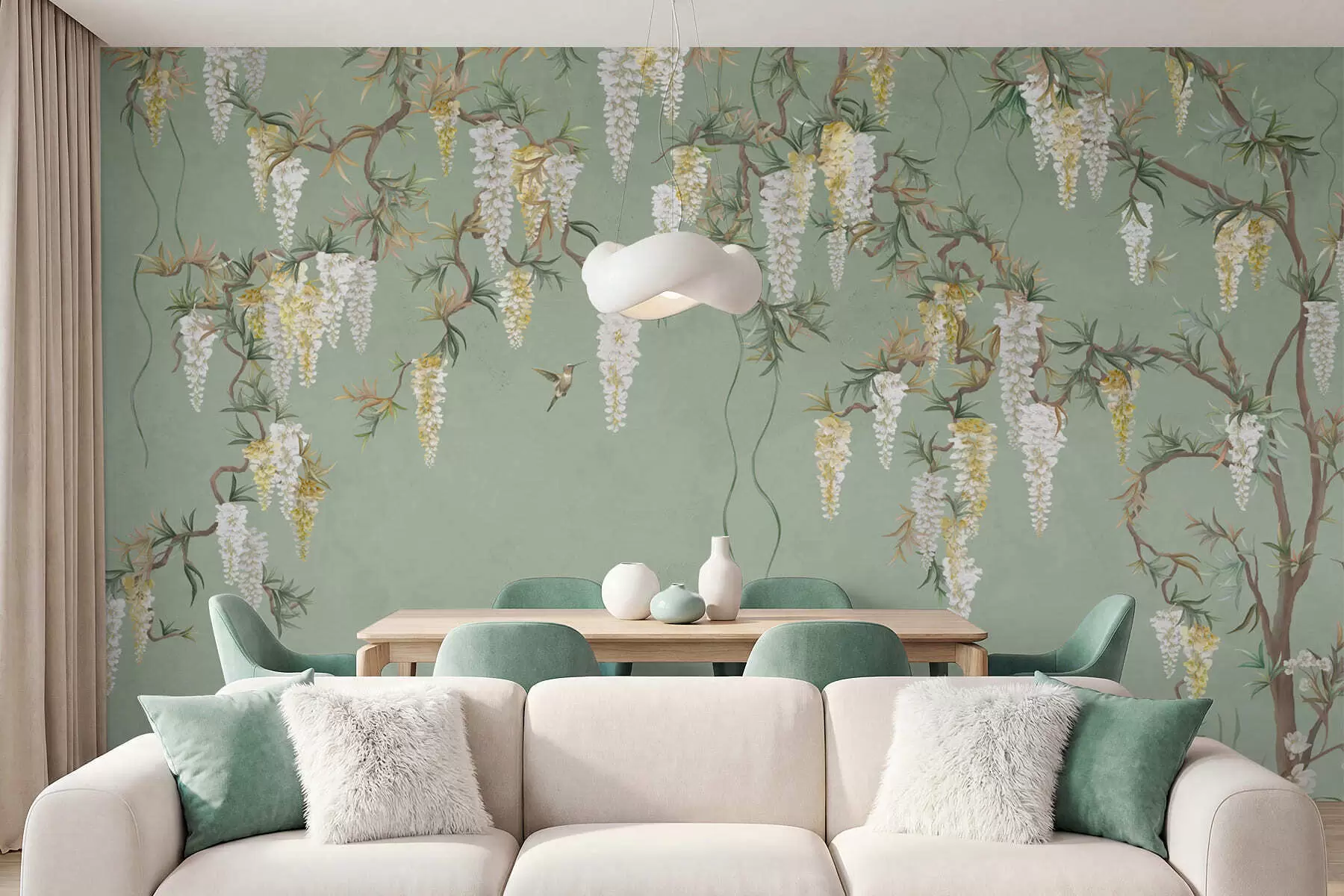 murales de pared Ramas en flor con flores blancas y pájaros sobre un fondo verde w05394