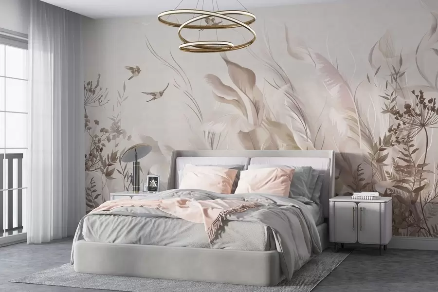 murales de pared Plumas suaves, hierbas y pájaros en tonos claros w05395