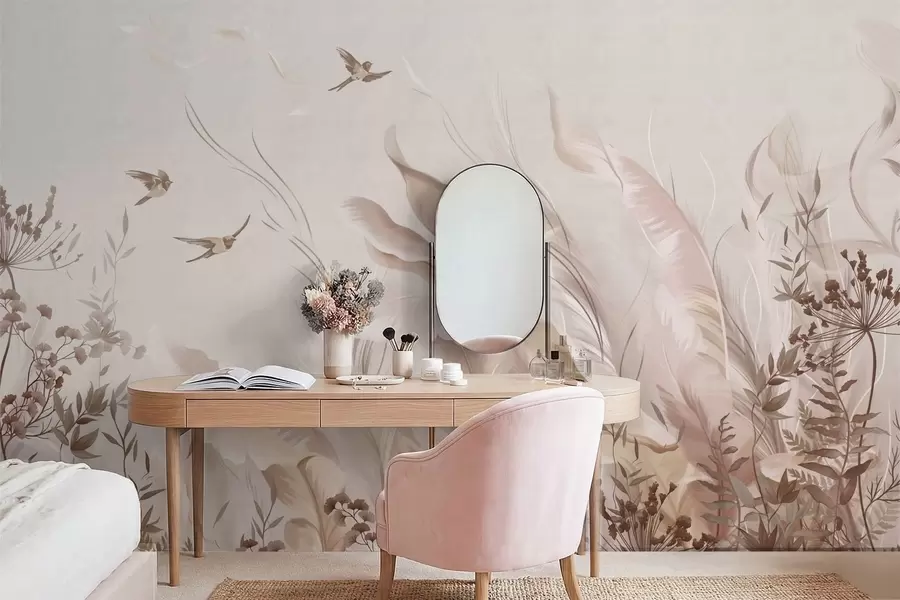 murales de pared Plumas suaves, hierbas y pájaros en tonos claros w05395