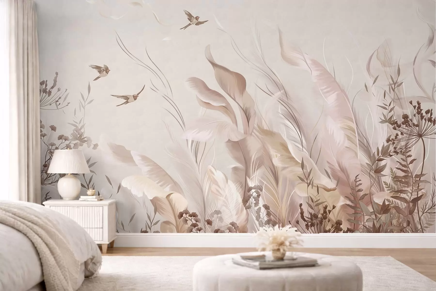 murales de pared Plumas suaves, hierbas y pájaros en tonos claros w05395