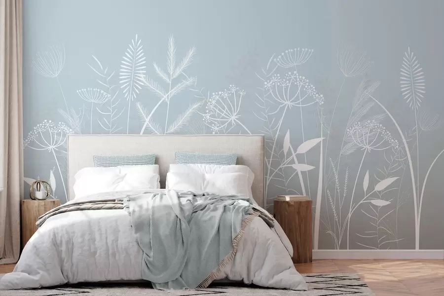 murales de pared delicadas hierbas silvestres y flores pintadas a mano sobre un fondo gris azulado w05383