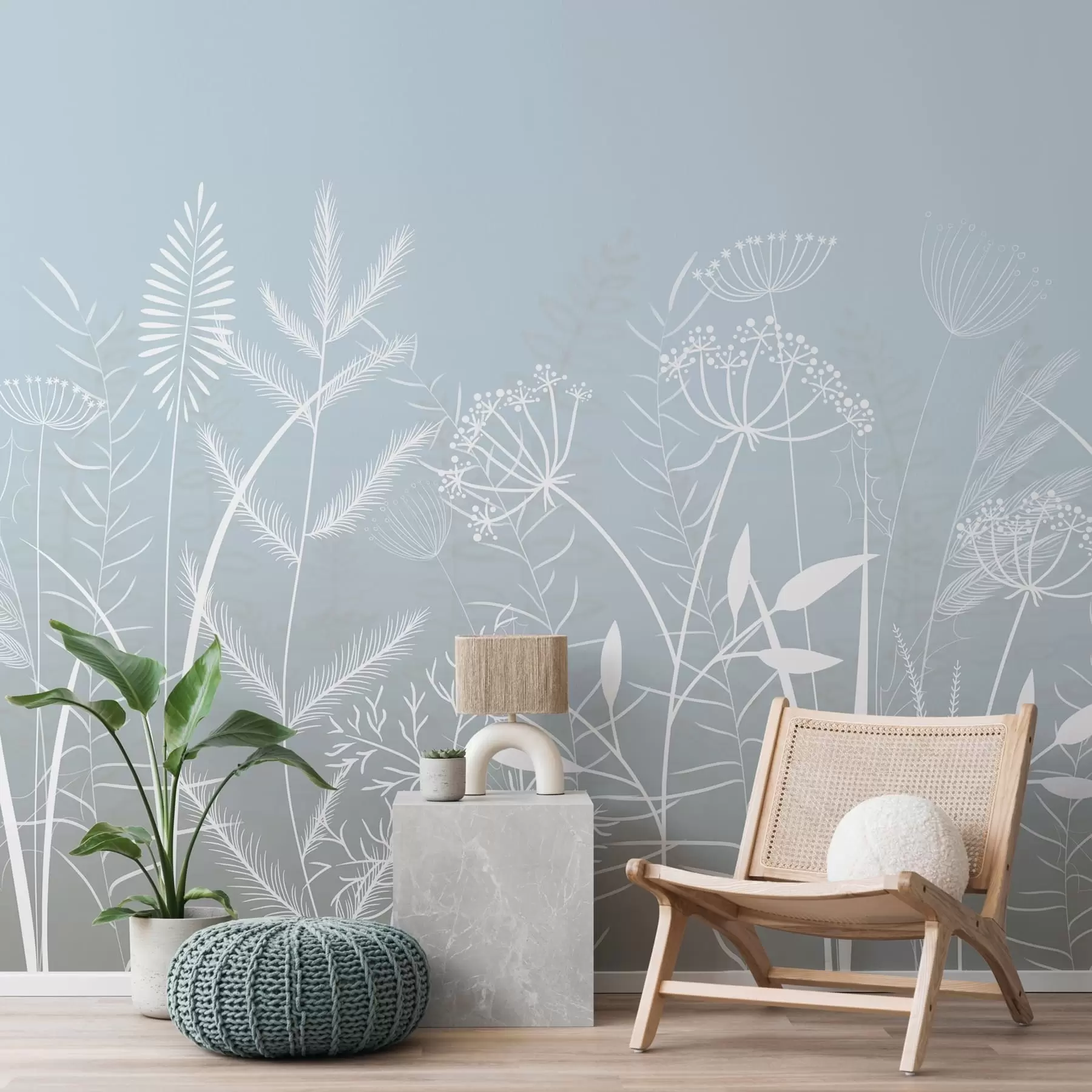 murales de pared delicadas hierbas silvestres y flores pintadas a mano sobre un fondo gris azulado w05383