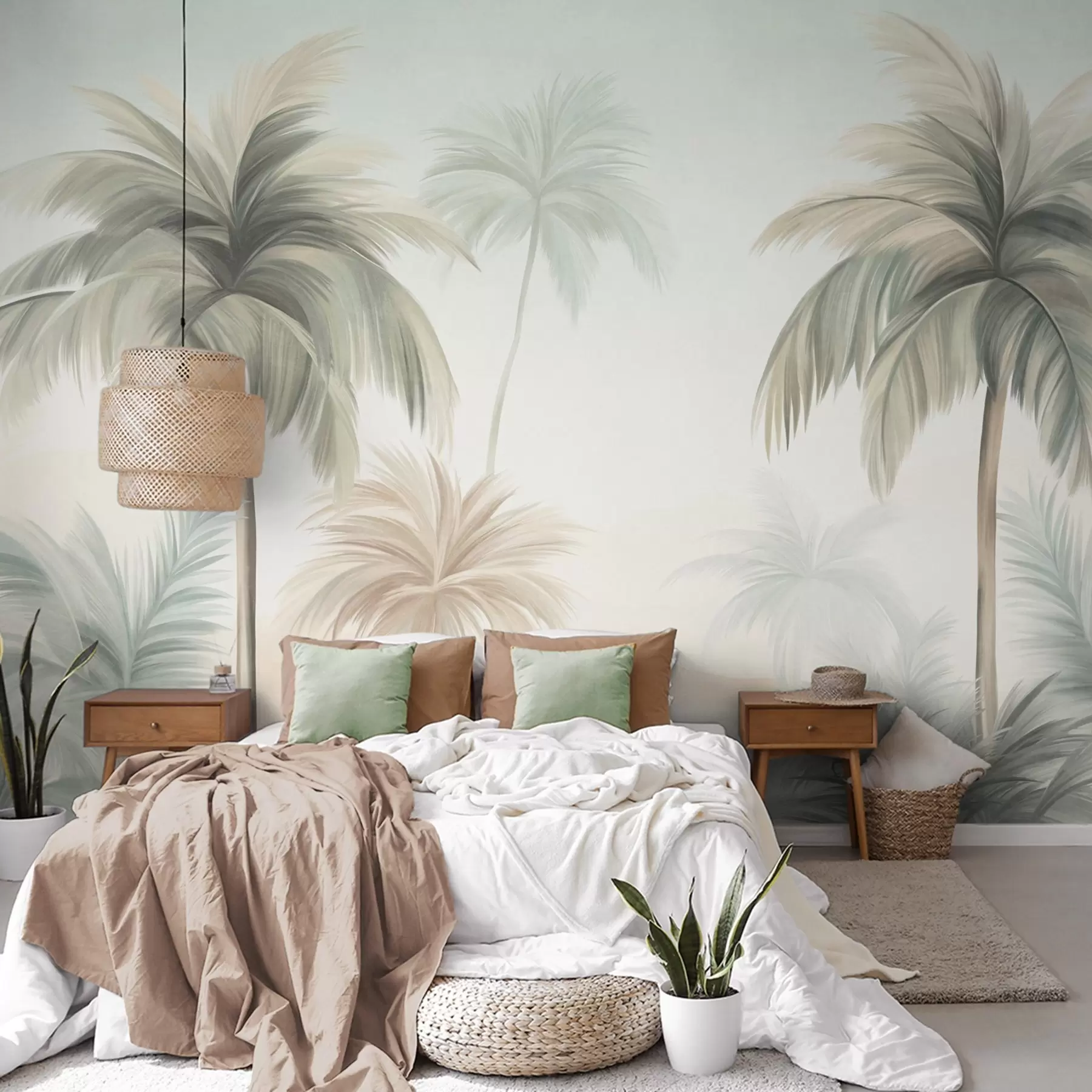 murales de pared Palmeras con hojas de textura rugosa en tonos verdes apagados y beige, recortadas contra un cielo suave w09770