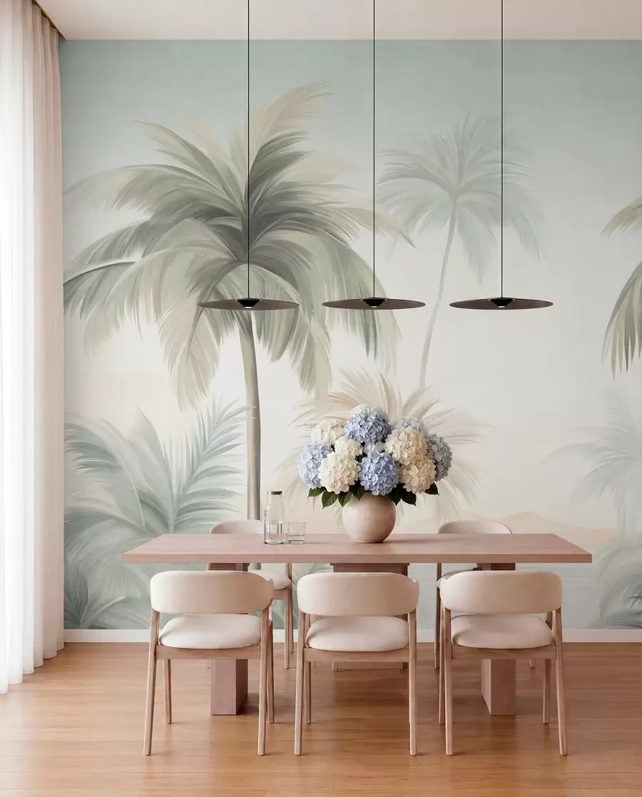 murales de pared Palmeras con hojas de textura rugosa en tonos verdes apagados y beige, recortadas contra un cielo suave w09770