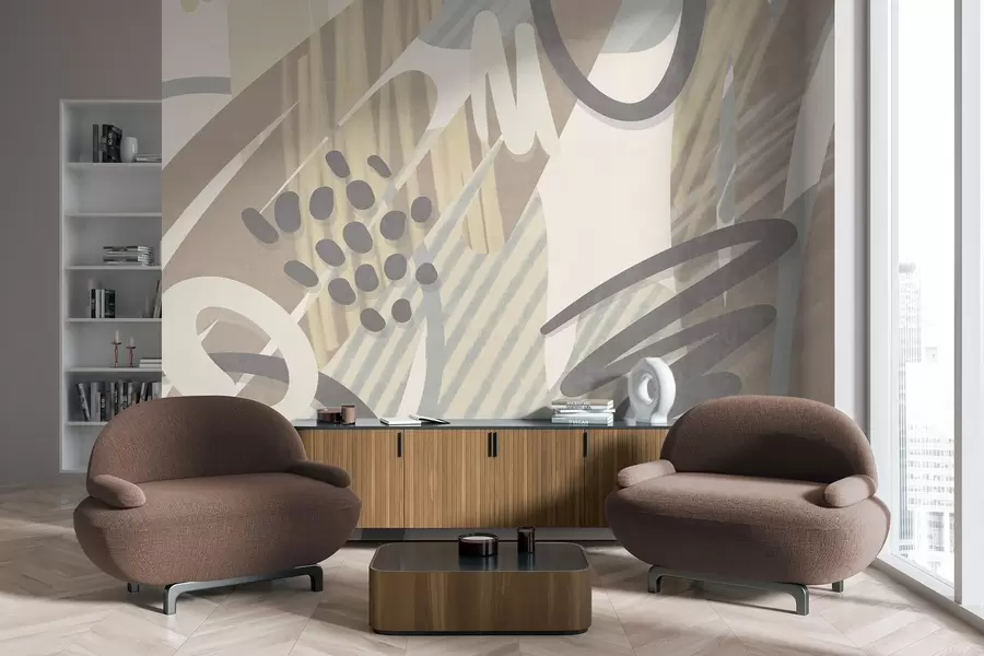 murales de pared Estampado abstracto con texturas, formas orgánicas, garabatos y puntos en tonos pastel apagados w09774