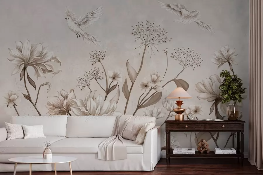 murales de pared Flores claras y pájaros sobre un fondo suave w05118