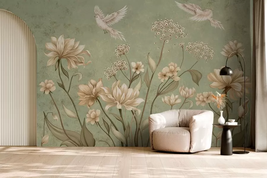 murales de pared Flores y pájaros sobre un fondo verde con textura w05118v1