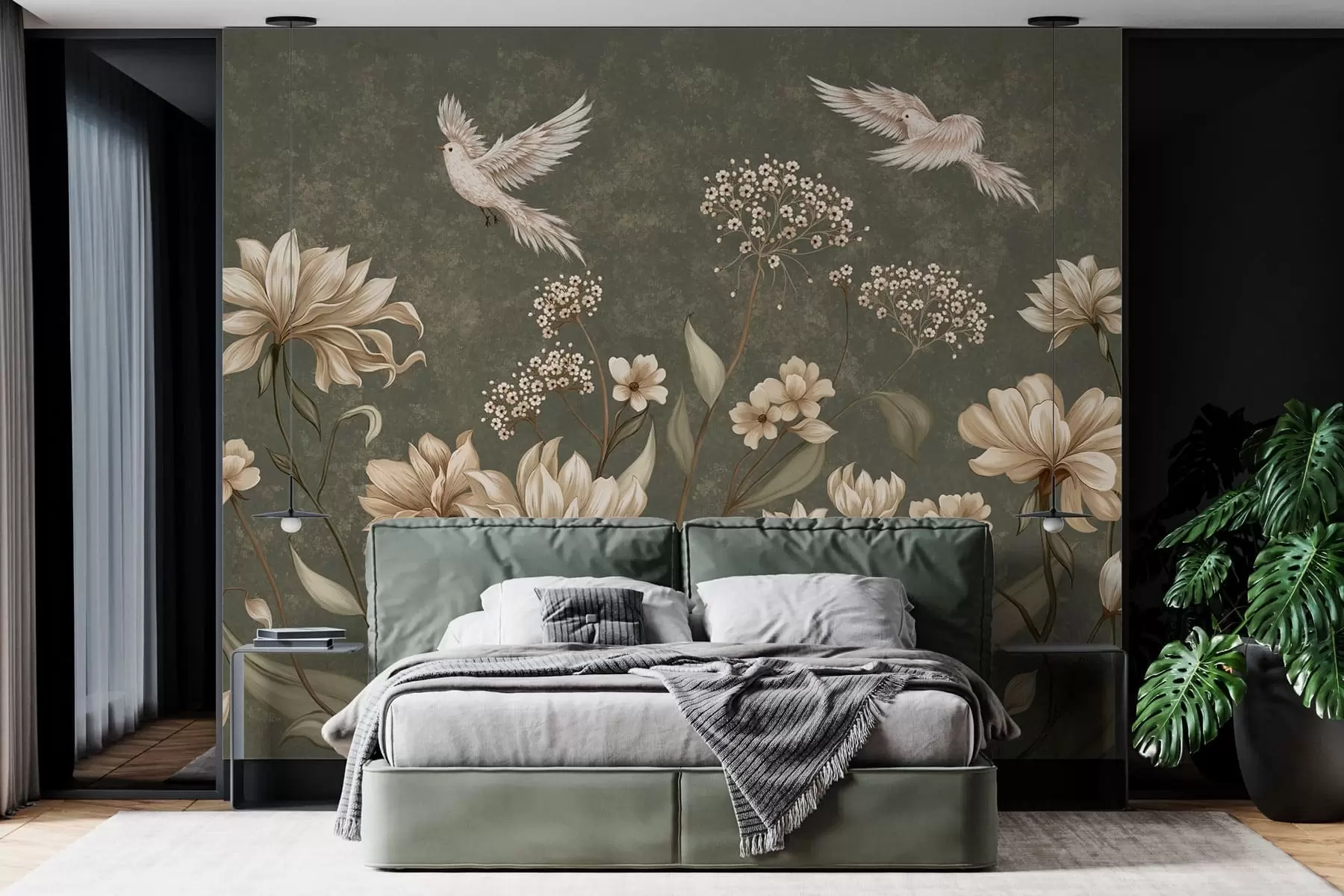 murales de pared Flores y pájaros sobre un fondo verde oscuro w05118v3