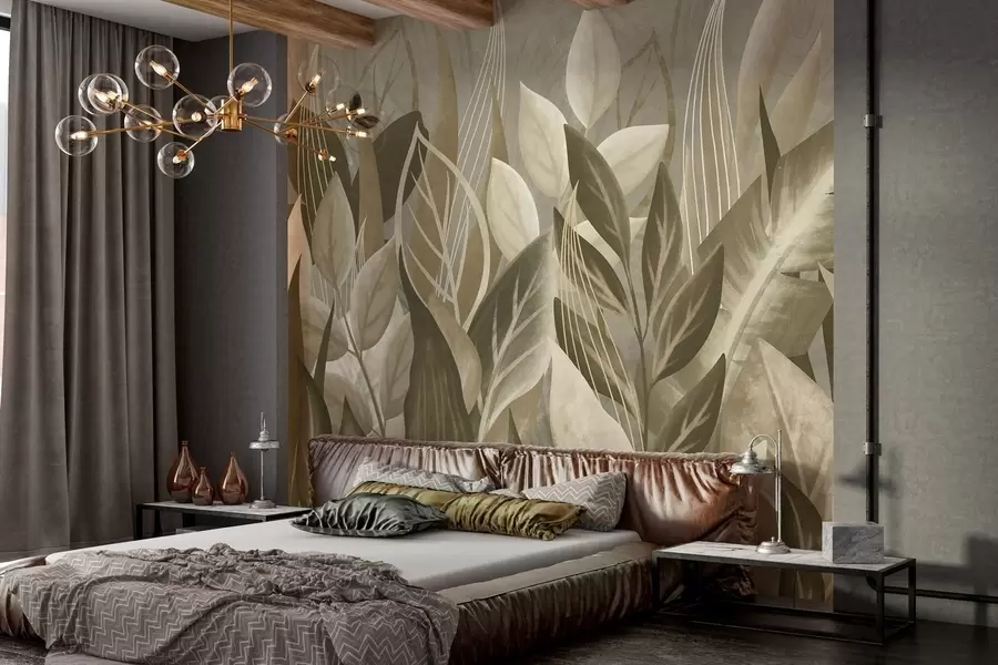 murales de pared Hojas abstractas en tonos beige y verde w05148