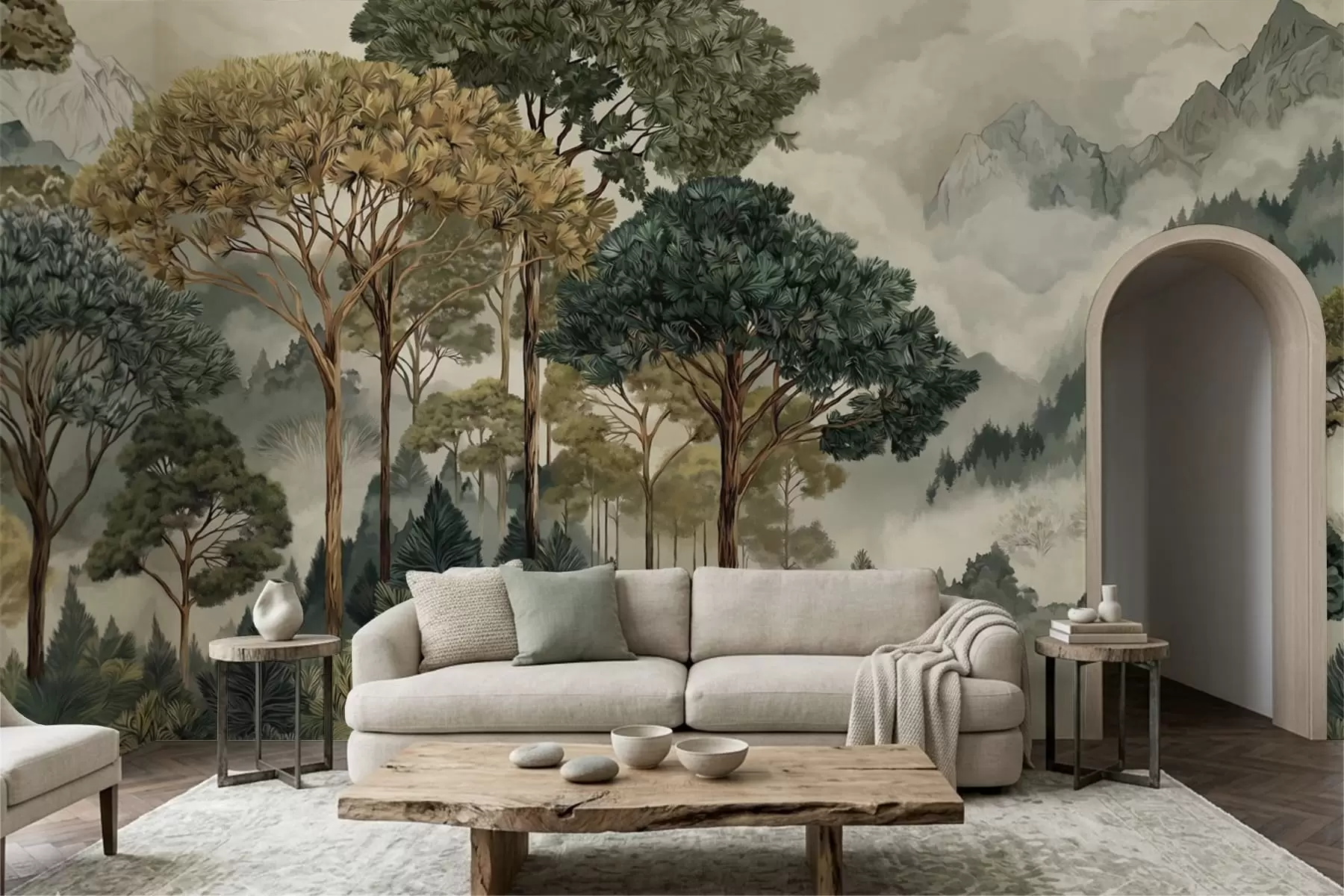 murales de pared Bosque con árboles altos en montañas envueltas en niebla w05410