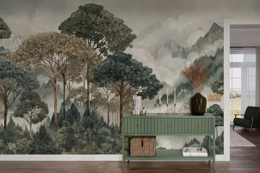 murales de pared Paisaje montañoso con bosque en tonos suaves w05410v1