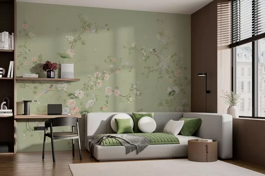 murales de pared Ramas en flor con pájaros sobre un fondo verde claro w05416