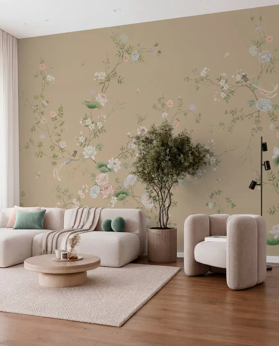 murales de pared Ramas en flor con pájaros sobre un fondo beige cálido w05416v2