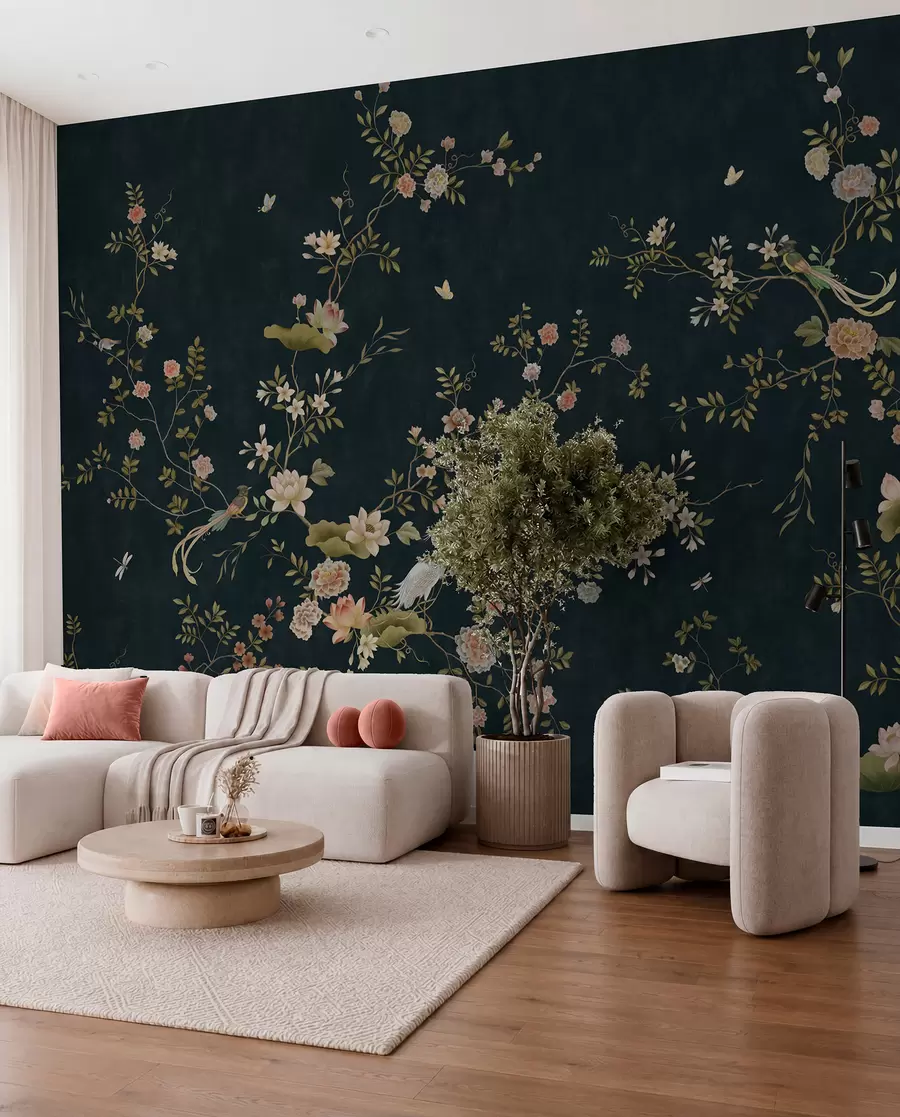 murales de pared Ramas en flor con pájaros sobre fondo oscuro w05416v3