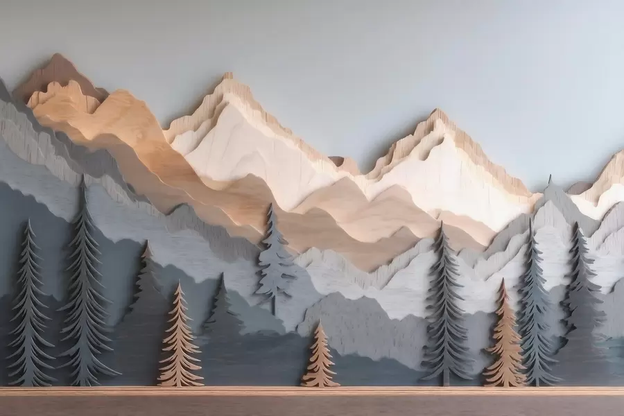 murales de pared Paisaje natural con pinos y montañas, en estilo de madera tallada w09793