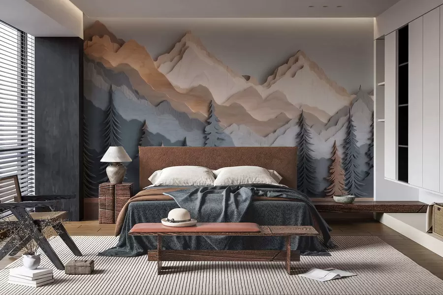 murales de pared Paisaje natural con pinos y montañas, en estilo de madera tallada w09793