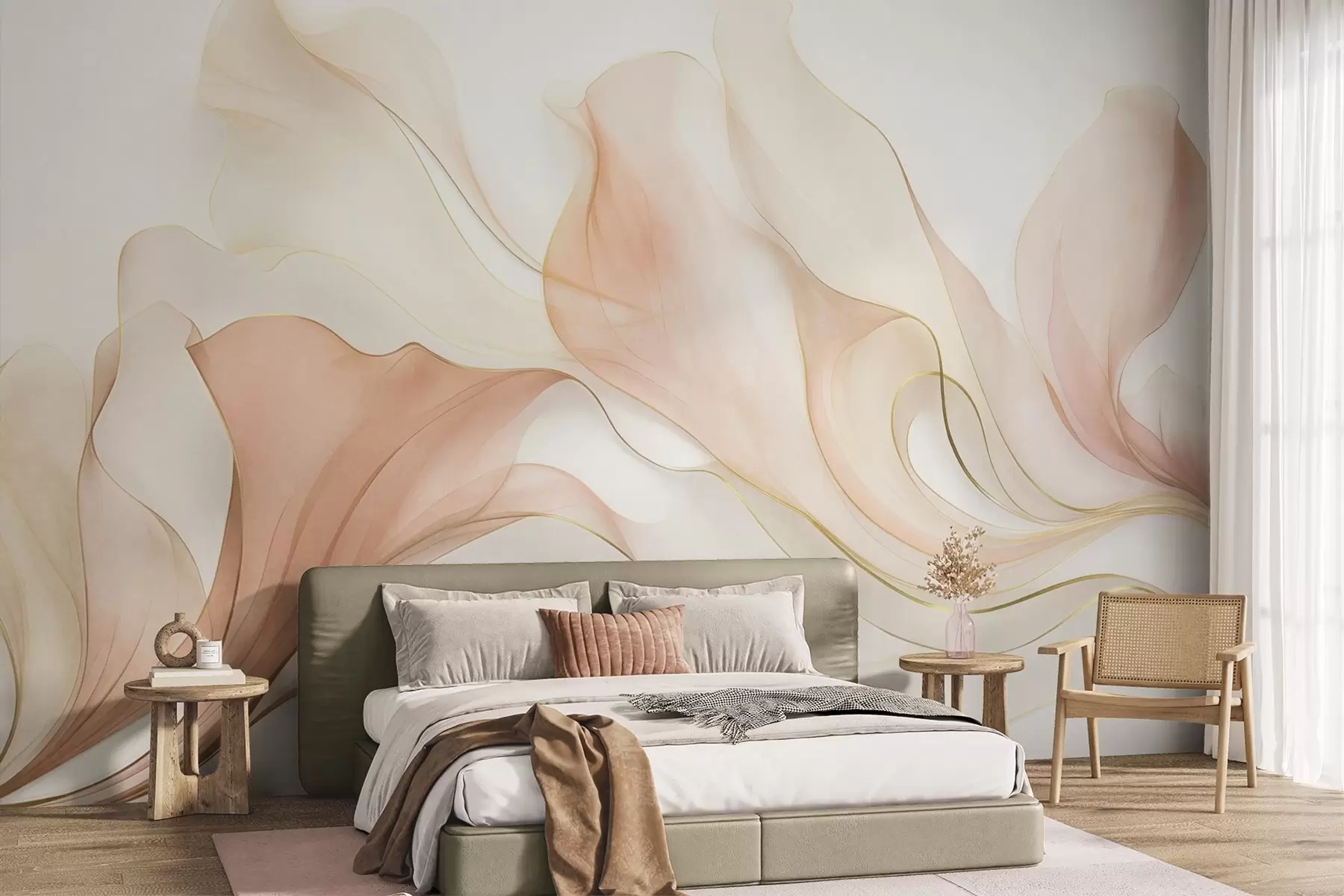 murales de pared Textura fluida y abstracta en tonos melocotón y crema con líneas delicadas w09815