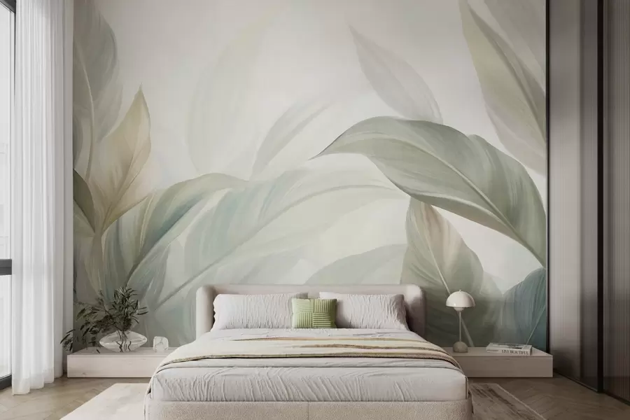 murales de pared Hojas tropicales grandes de color verde pálido con tonos suaves y pasteles, obra de arte con textura w09816