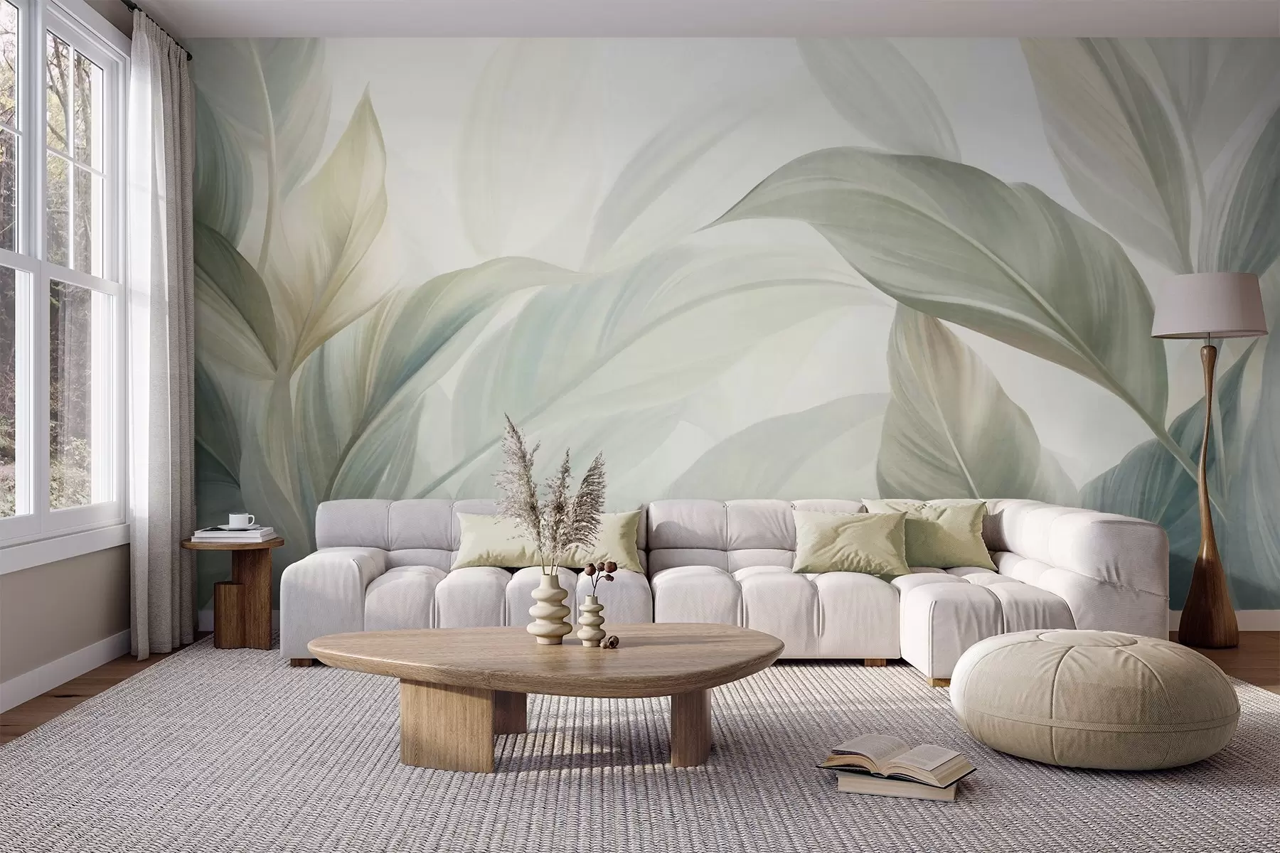 murales de pared Hojas tropicales grandes de color verde pálido con tonos suaves y pasteles, obra de arte con textura w09816