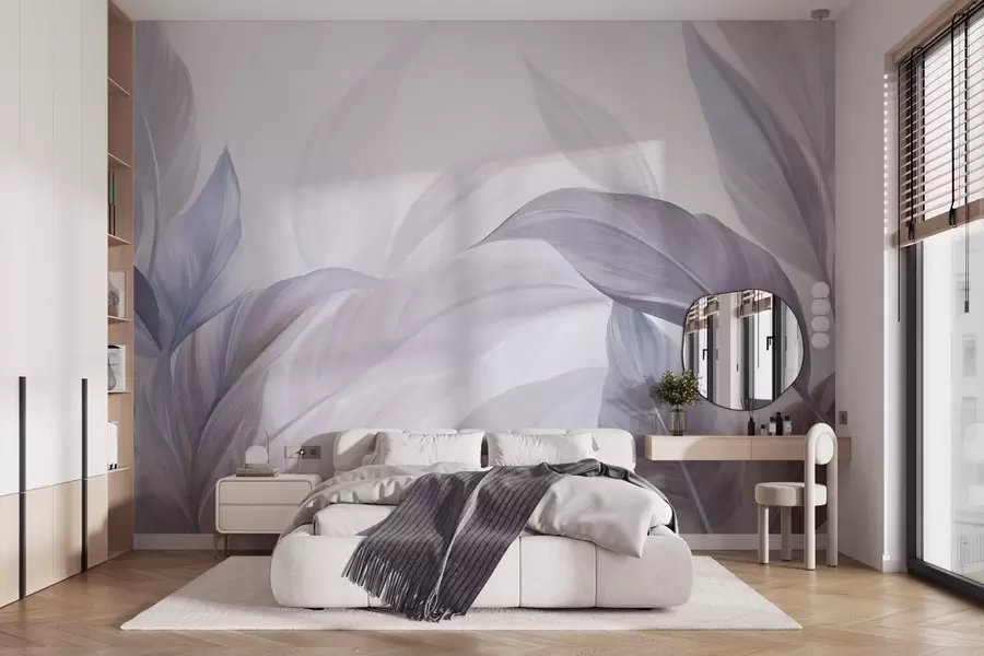 murales de pared Hojas tropicales grandes, de color azul pálido y violeta, con tonos suaves y pasteles, y una textura artística w09816v1