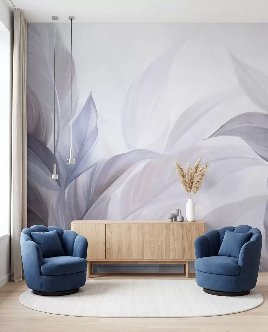 murales de pared Hojas tropicales grandes, de color azul pálido y violeta, con tonos suaves y pasteles, y una textura artística w09816v1