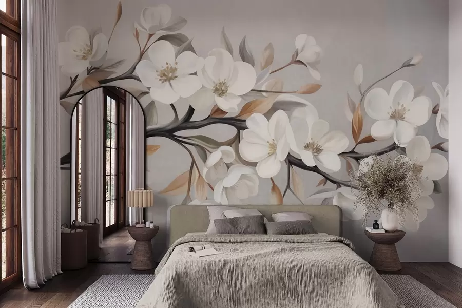 murales de pared Rama con textura, con flores blancas y hojas marrones sobre un fondo gris claro w09817
