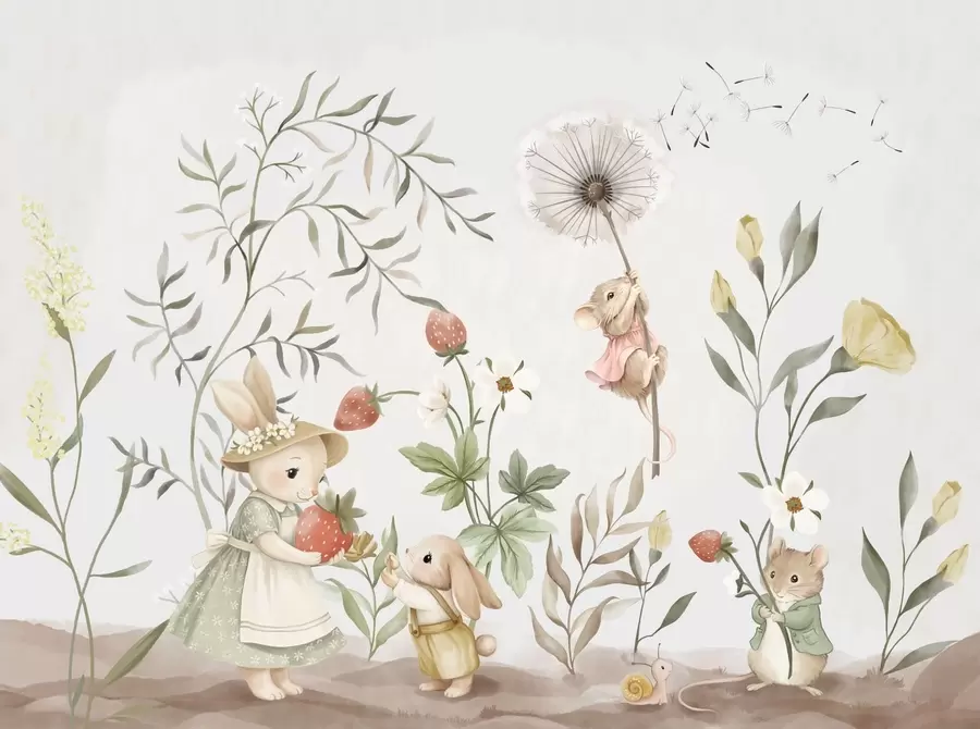 murales de pared Ilustración infantil de un conejito y un ratoncito entre plantas y flores w05422