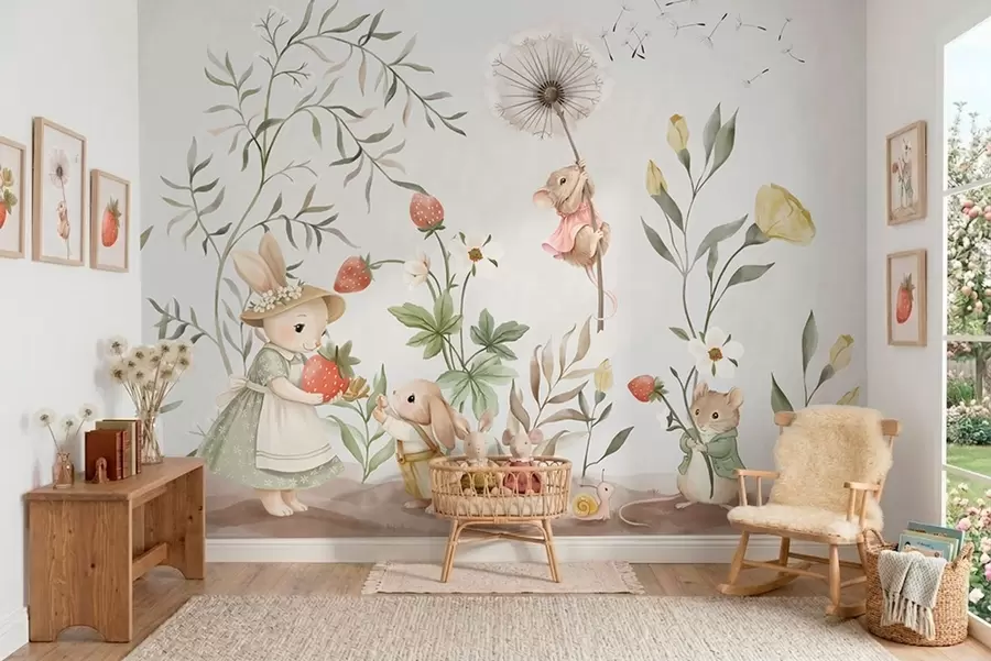 murales de pared Ilustración infantil de un conejito y un ratoncito entre plantas y flores w05422