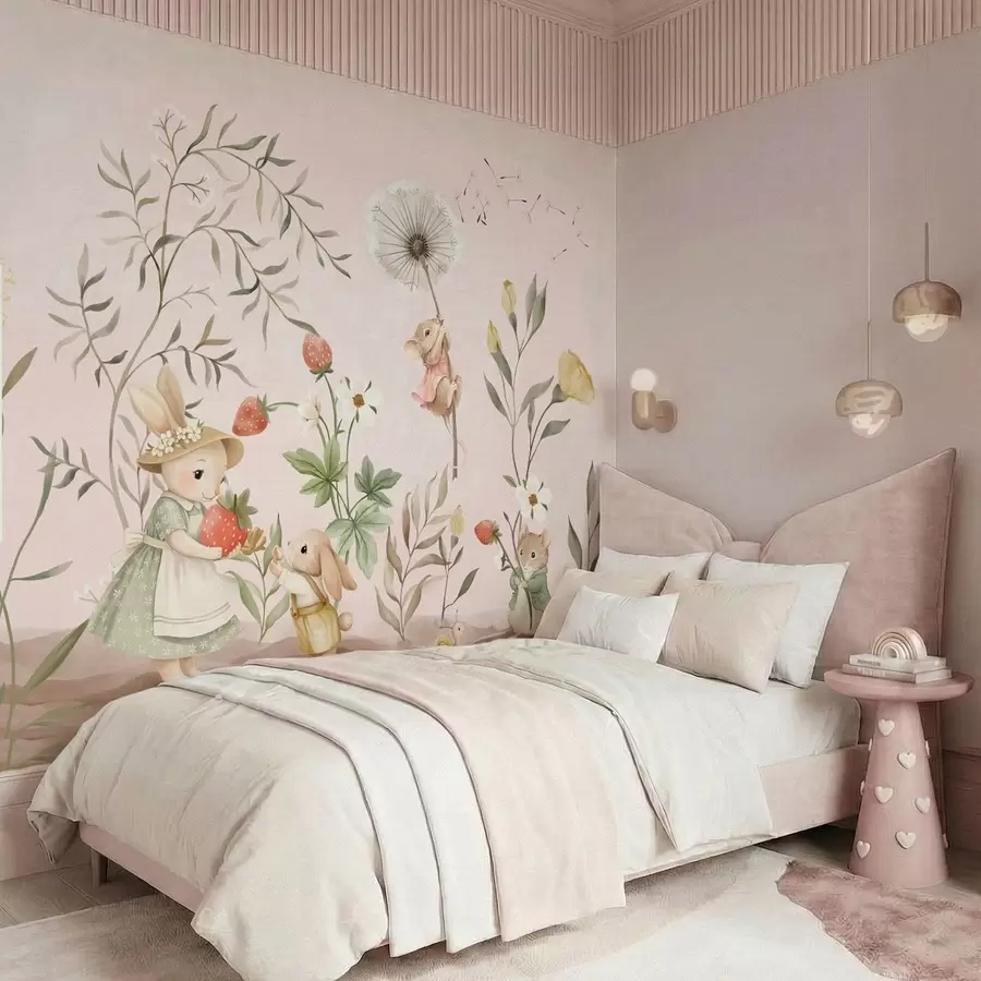 murales de pared Ilustración de animales con fresas sobre un fondo rosa claro w05422v1