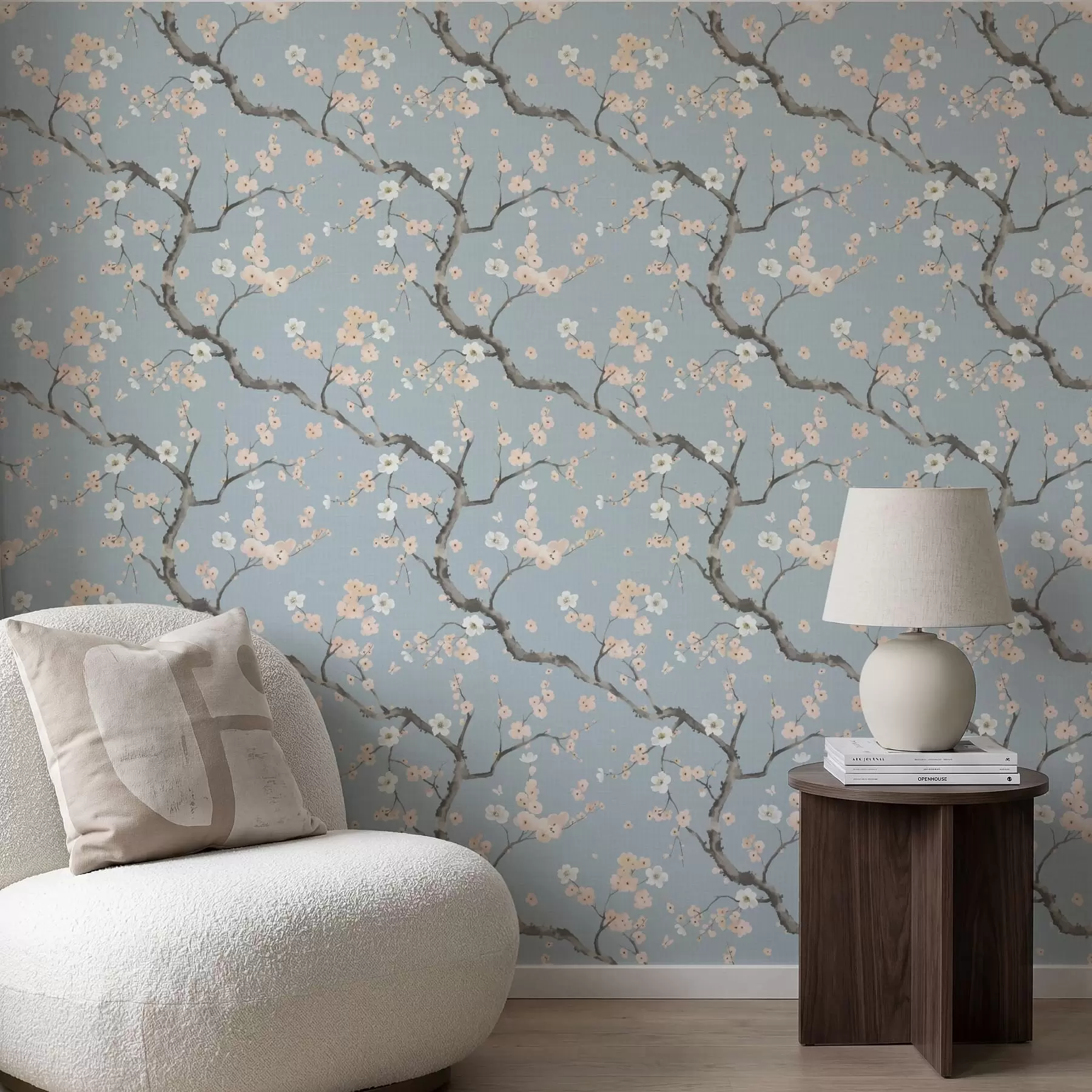 murales de pared Ramas con flores sobre fondo azul a01155