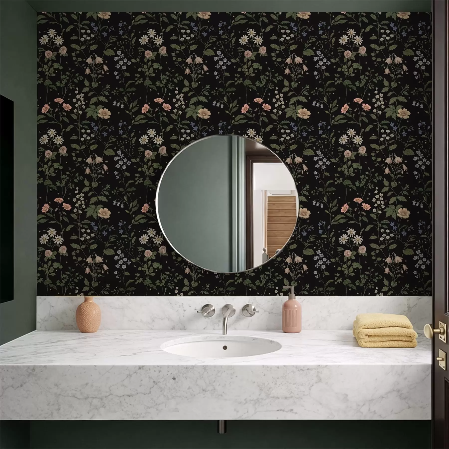 murales de pared Diseño floral sobre fondo negro con estrellas a01160