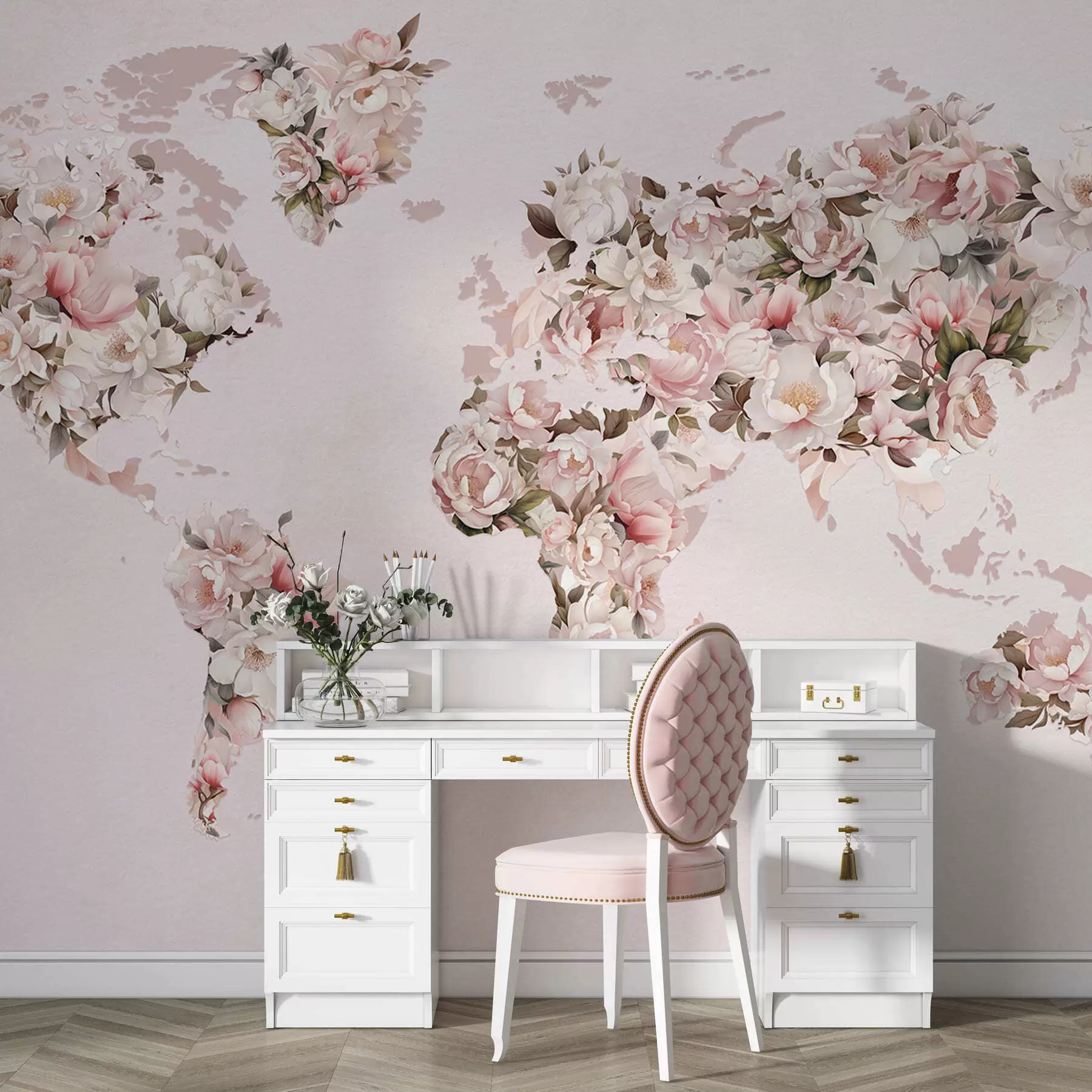 murales de pared Un mapamundi rosa compuesto por grandes peonías blancas y rosas c00005