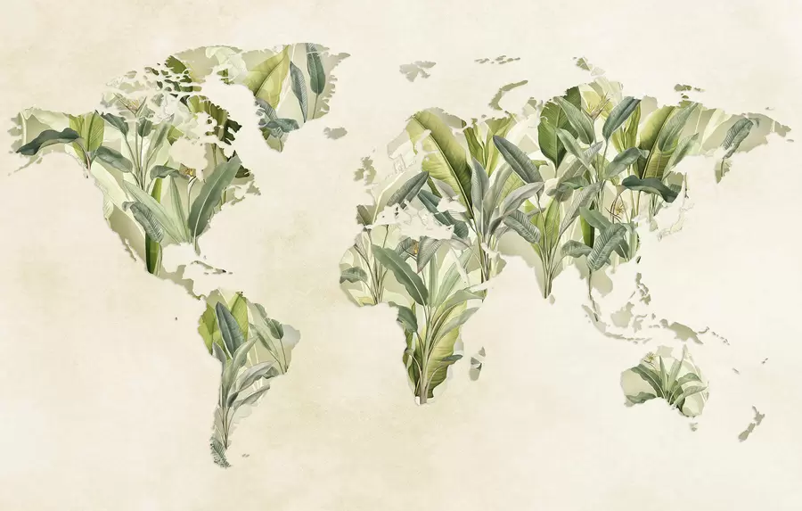 murales de pared Un mapa verde del mundo hecho con hojas de plátano c00007