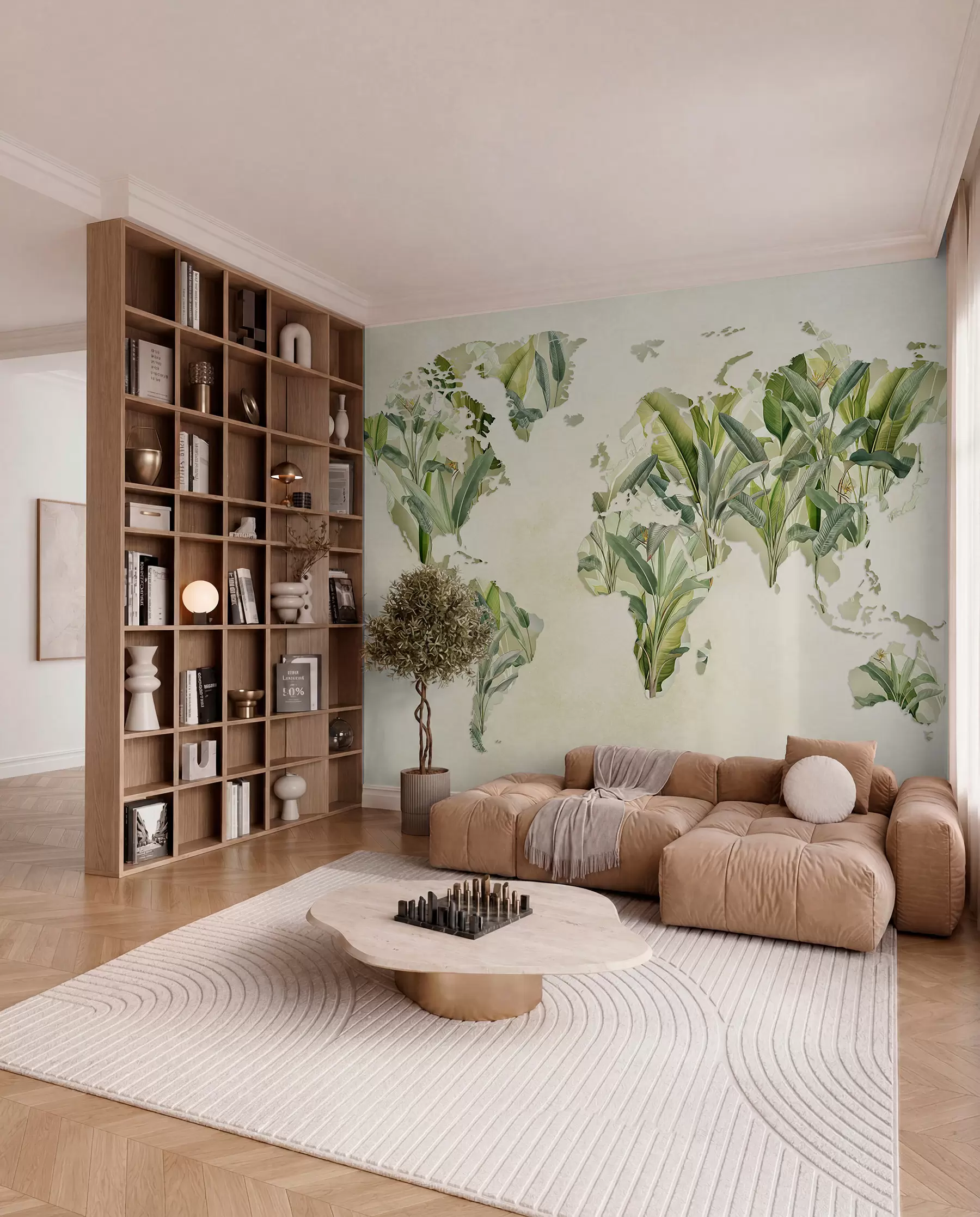 murales de pared Un mapa verde del mundo hecho con hojas de plátano c00007