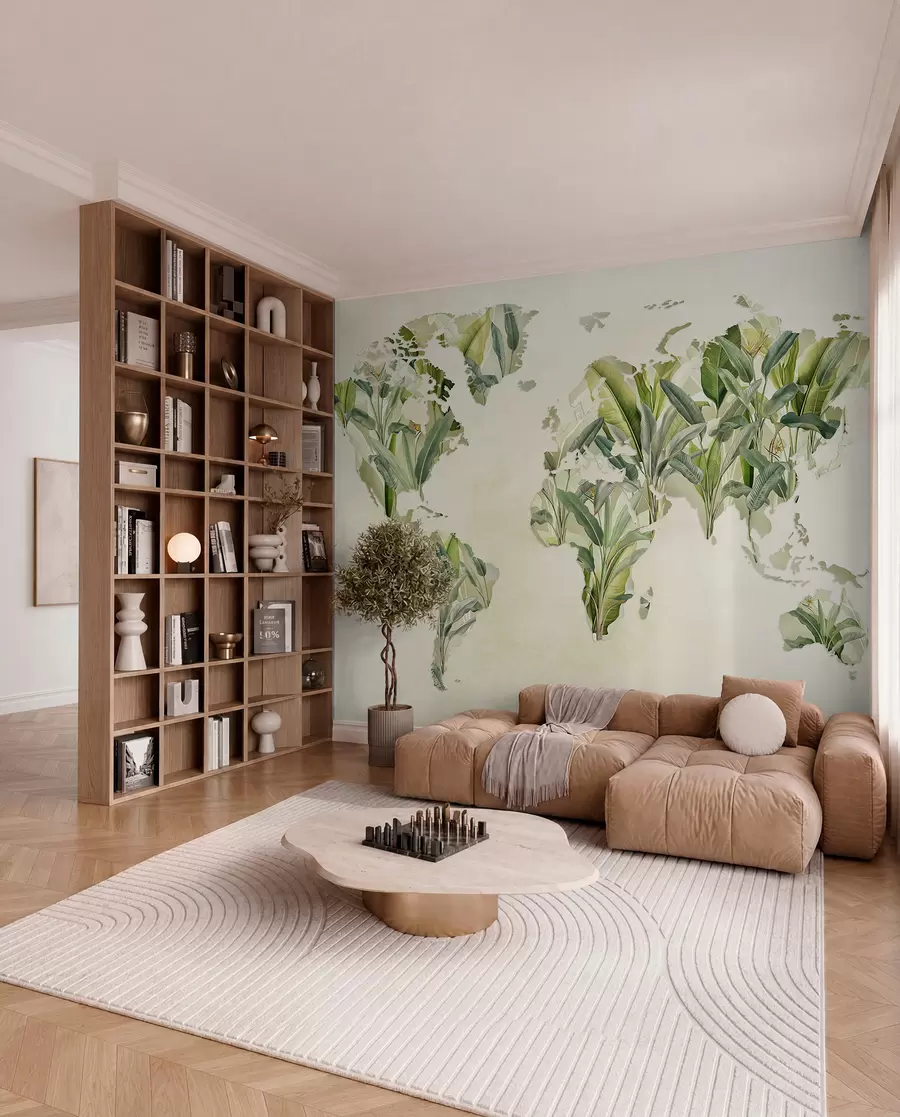 murales de pared Un mapa verde del mundo hecho con hojas de plátano c00007
