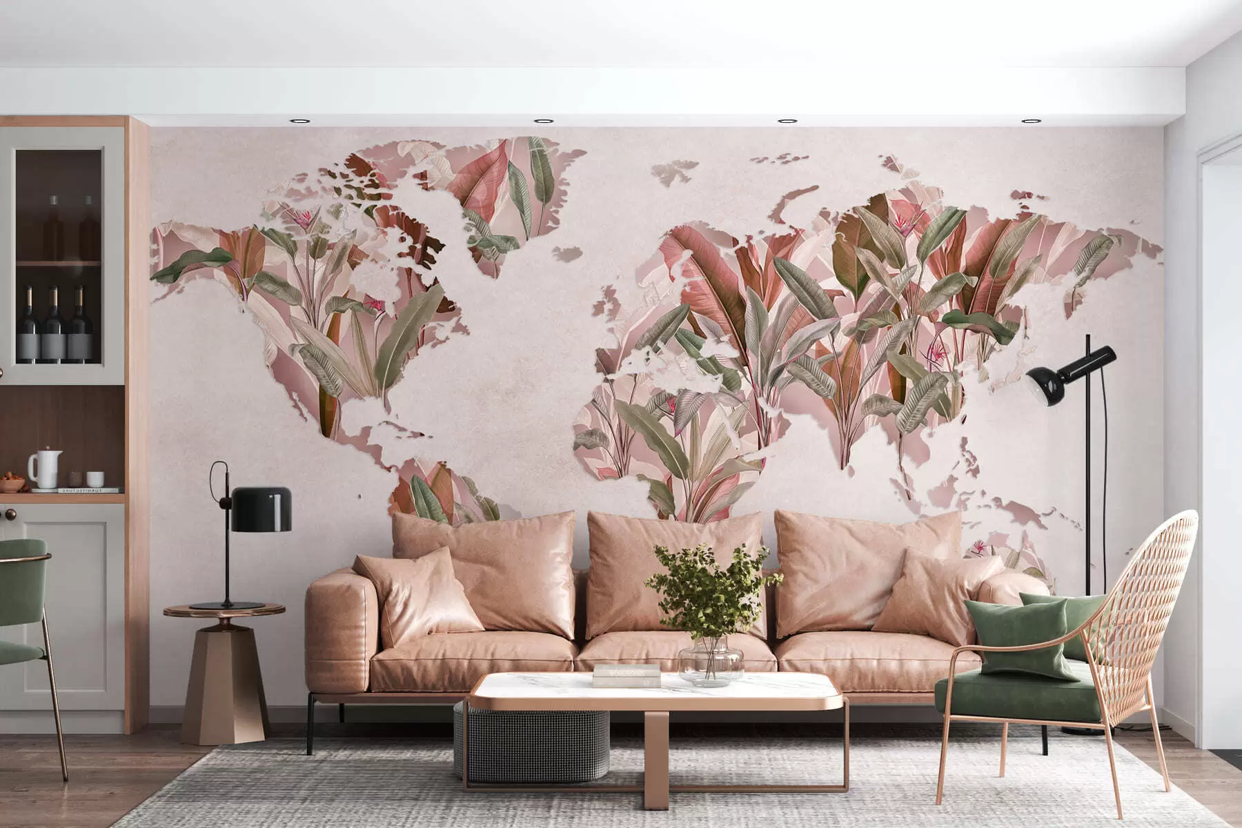 murales de pared Un mapamundi rosa hecho con hojas de plátano c00007v2