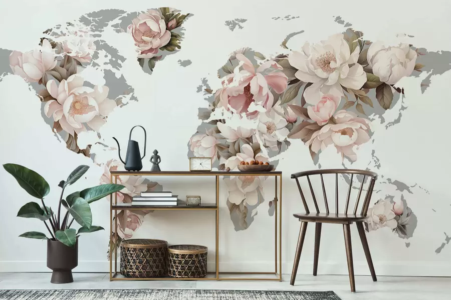 murales de pared Un delicado y cremoso mapamundi hecho con flores c00008